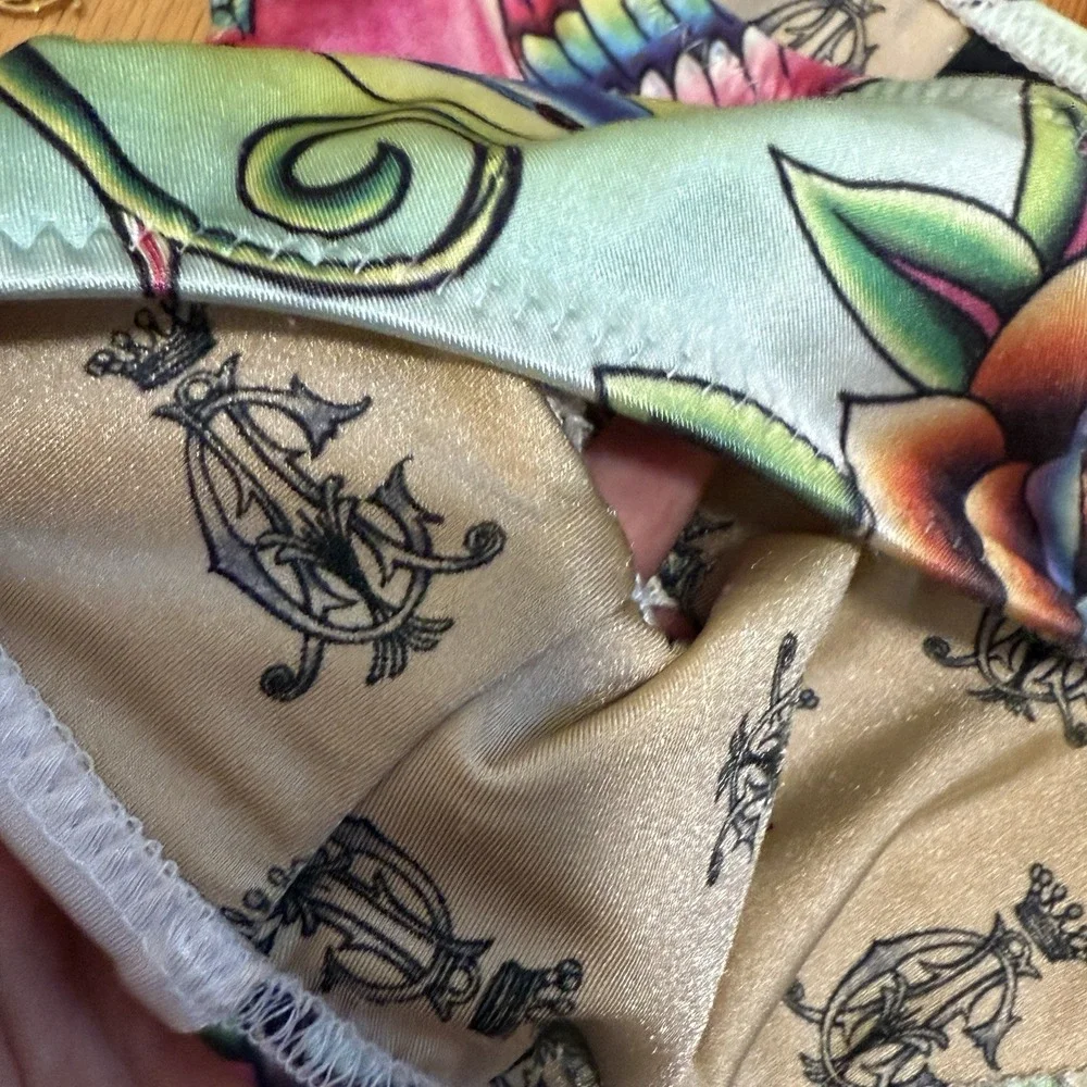 Christian Audigier Y2K Rhinestone Bird Print String Triangle Bikini Size Small - Picture 6 of 9